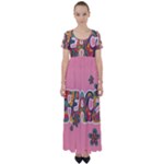 Flower Power Hippie Boho Love Peace Text Pink Pop Art Spirit High Waist Short Sleeve Maxi Dress
