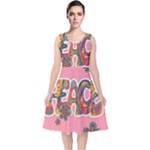 Flower Power Hippie Boho Love Peace Text Pink Pop Art Spirit V-Neck Midi Sleeveless Dress 