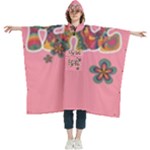 Flower Power Hippie Boho Love Peace Text Pink Pop Art Spirit Women s Hooded Rain Ponchos