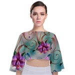 Love Amour Butterfly Colors Flowers Text Tie Back Butterfly Sleeve Chiffon Top