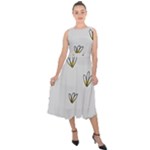 Pattern Leaves Daisies Print Midi Tie-Back Chiffon Dress