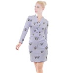 Pattern Leaves Daisies Print Button Long Sleeve Dress