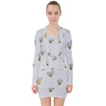 Pattern Leaves Daisies Print V-neck Bodycon Long Sleeve Dress