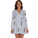 Pattern Leaves Daisies Print Long Sleeve V-Neck Chiffon Dress 