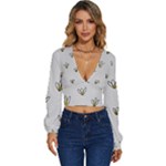 Pattern Leaves Daisies Print Long Sleeve Deep-V Velour Top