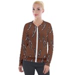 Feather Leaf Pattern Print Velvet Zip Up Jacket