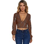 Feather Leaf Pattern Print Long Sleeve Deep-V Velour Top