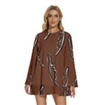 Feather Leaf Pattern Print Round Neck Long Sleeve Bohemian Style Chiffon Mini Dress