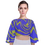 Blue Green Abstract Tie Back Butterfly Sleeve Chiffon Top