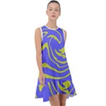 Blue Green Abstract Frill Swing Dress
