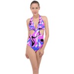 Swirl Pink White Blue Black Halter Front Plunge Swimsuit