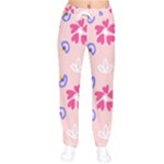 Flower Heart Print Pattern Pink Women Velvet Drawstring Pants