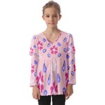 Flower Heart Print Pattern Pink Kids  V Neck Casual Top