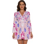 Flower Heart Print Pattern Pink Long Sleeve V-Neck Chiffon Dress 