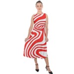 Red White Background Swirl Playful Midi Tie-Back Chiffon Dress