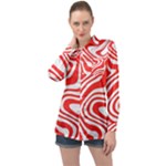 Red White Background Swirl Playful Long Sleeve Satin Shirt