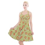 Pattern Leaves Print Background Halter Party Swing Dress 