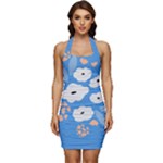 Doodle Flowers Leaves Plant Design Sleeveless Wide Square Neckline Ruched Bodycon Dress