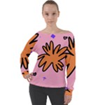 Doodle Flower Sparkles Orange Pink Off Shoulder Long Sleeve Velour Top