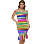 Print Ink Colorful Background Off Shoulder Ruffle Split Hem Bodycon Dress