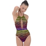 Rainbow Wood Digital Paper Pattern Plunge Cut Halter Swimsuit