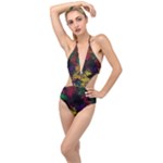 Abstract Painting Colorful Plunging Cut Out Swimsuit