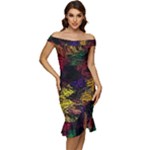 Abstract Painting Colorful Off Shoulder Ruffle Split Hem Bodycon Dress