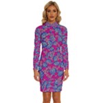 Colorful cosutme collage motif pattern Long Sleeve Shirt Collar Bodycon Dress