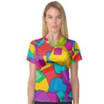 Abstract Cube Colorful  3d Square Pattern V-Neck Sport Mesh T-Shirt