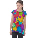 Abstract Cube Colorful  3d Square Pattern Cap Sleeve High Low Top