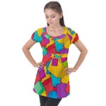 Abstract Cube Colorful  3d Square Pattern Puff Sleeve Tunic Top