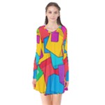 Abstract Cube Colorful  3d Square Pattern Long Sleeve V-neck Flare Dress