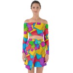 Abstract Cube Colorful  3d Square Pattern Off Shoulder Top with Skirt Set