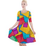 Abstract Cube Colorful  3d Square Pattern Quarter Sleeve A-Line Dress