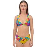 Abstract Cube Colorful  3d Square Pattern Double Strap Halter Bikini Set