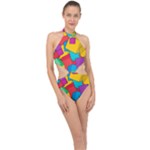 Abstract Cube Colorful  3d Square Pattern Halter Side Cut Swimsuit