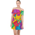 Abstract Cube Colorful  3d Square Pattern Off Shoulder Chiffon Dress