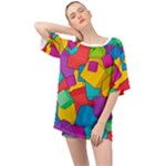 Abstract Cube Colorful  3d Square Pattern Oversized Chiffon Top