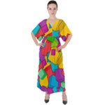 Abstract Cube Colorful  3d Square Pattern V-Neck Boho Style Maxi Dress