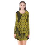 Yellow Hexagons 3d Art Honeycomb Hexagon Pattern Long Sleeve V-neck Flare Dress