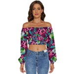 Flowers Pattern Art Texture Floral Long Sleeve Crinkled Weave Crop Top