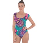 Floral Pattern Abstract Colorful Flow Oriental Spring Summer Short Sleeve Leotard 