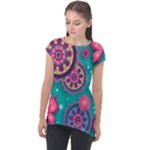 Floral Pattern Abstract Colorful Flow Oriental Spring Summer Cap Sleeve High Low Top