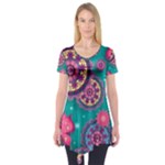 Floral Pattern Abstract Colorful Flow Oriental Spring Summer Short Sleeve Tunic 