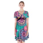 Floral Pattern Abstract Colorful Flow Oriental Spring Summer Short Sleeve V-neck Flare Dress