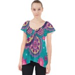 Floral Pattern Abstract Colorful Flow Oriental Spring Summer Lace Front Dolly Top