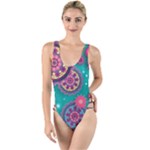 Floral Pattern Abstract Colorful Flow Oriental Spring Summer High Leg Strappy Swimsuit