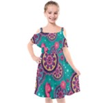 Floral Pattern Abstract Colorful Flow Oriental Spring Summer Kids  Cut Out Shoulders Chiffon Dress