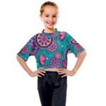 Floral Pattern Abstract Colorful Flow Oriental Spring Summer Kids Mock Neck T-Shirt