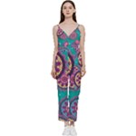Floral Pattern Abstract Colorful Flow Oriental Spring Summer V-Neck Camisole Jumpsuit